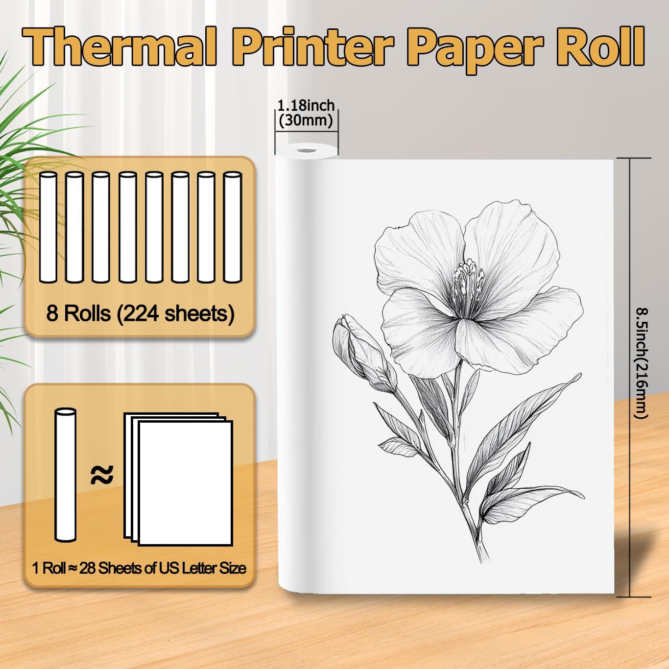 8 Rolls Thermal Paper 8.5’’ x 11’’ White for Thermal Printer, Rolls for A285M/ PD-A4/ M08F- Letter Portable Printers Wireless for Travel and Home Use as Office Paper