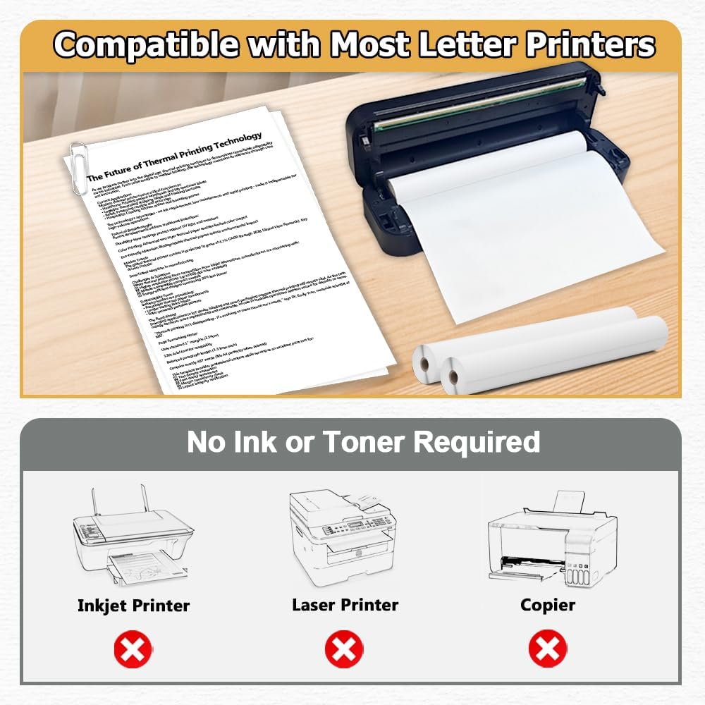 8 Rolls Thermal Paper 8.5’’ x 11’’ White for Thermal Printer, Rolls for A285M/ PD-A4/ M08F- Letter Portable Printers Wireless for Travel and Home Use as Office Paper